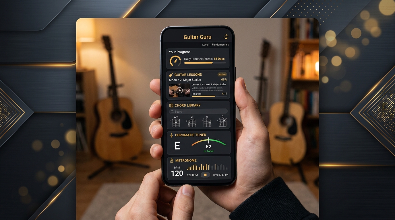 Guitar Guru Mobile App Screenshot - Lessons, Chords, Tuner & Metronome